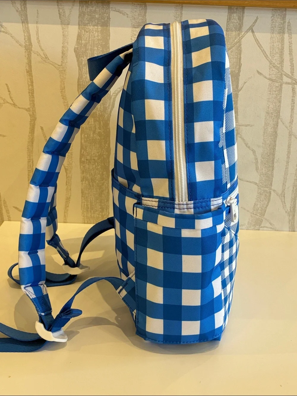 STATE Blue & White Gingham Mini Backpack with Cherry Charm